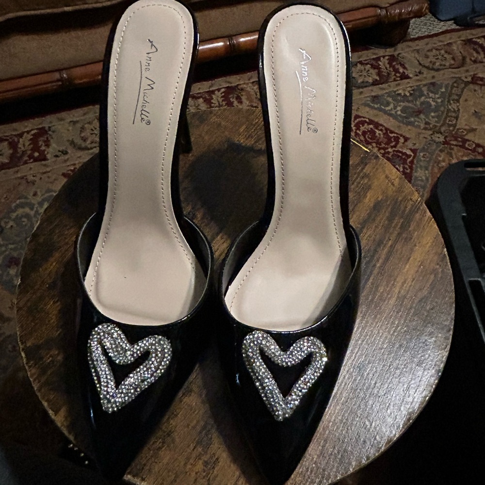 Anne Michelle Black Patent Pointed Mules with Rhinestone Heart Accent